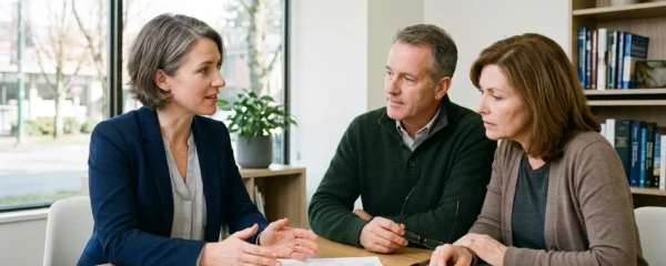 Un conseiller financier discute avec un couple d'un plan de prévoyance retraite lors d'une consultation dans un bureau professionnel
