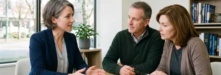 Un conseiller financier discute avec un couple d'un plan de prévoyance retraite lors d'une consultation dans un bureau professionnel
