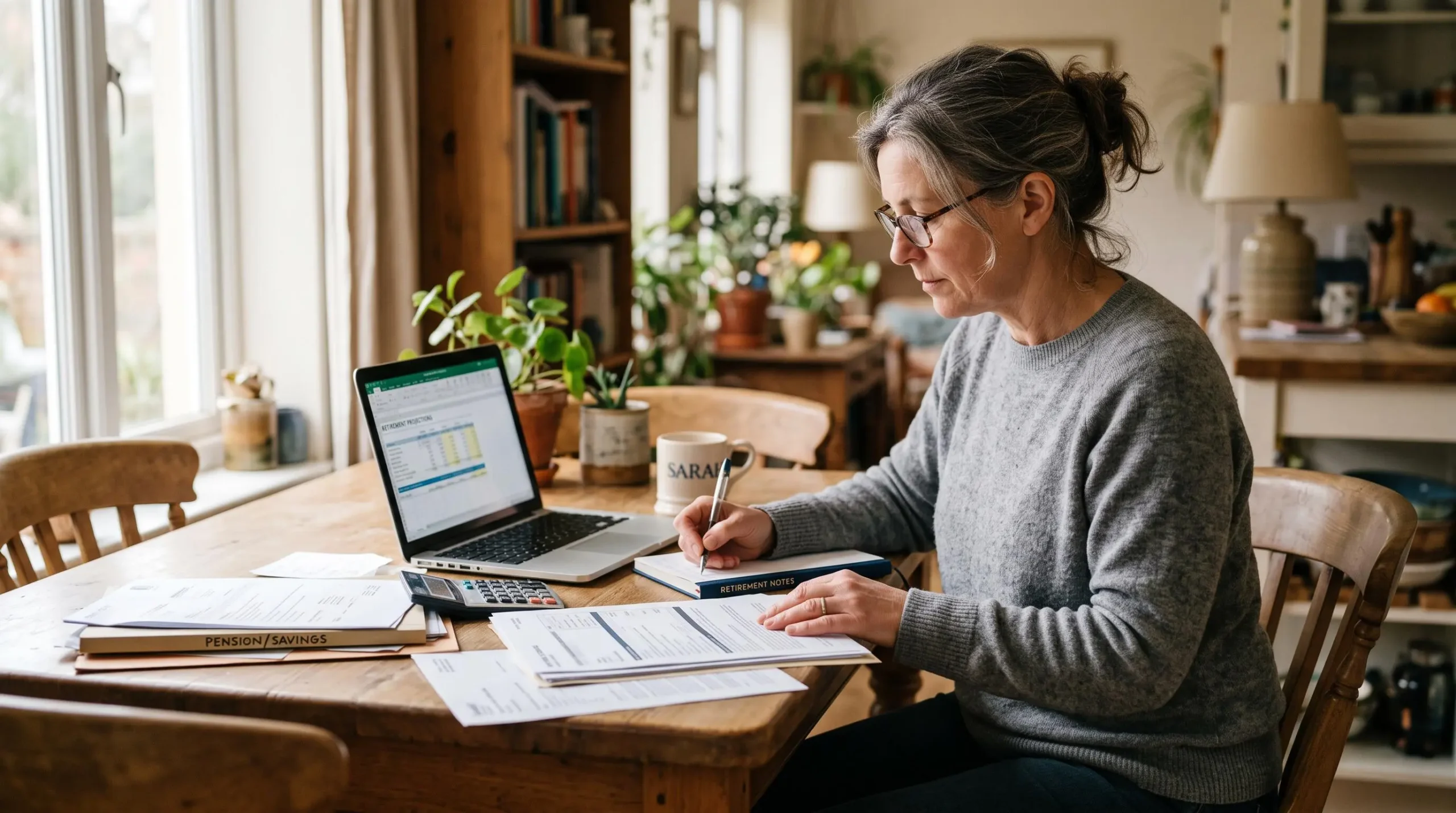 Une personne à domicile prépare sa consultation de prévoyance retraite en organisant ses documents et en prenant des notes